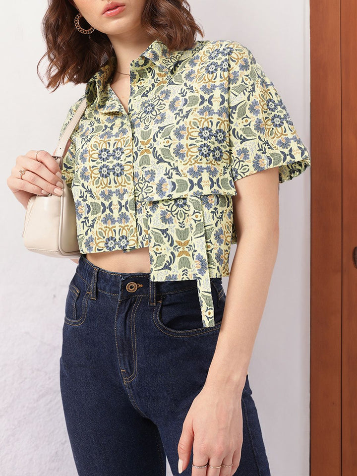 DressBerry Nomad Nook Printed Seersucker Boxy Crop Shirt