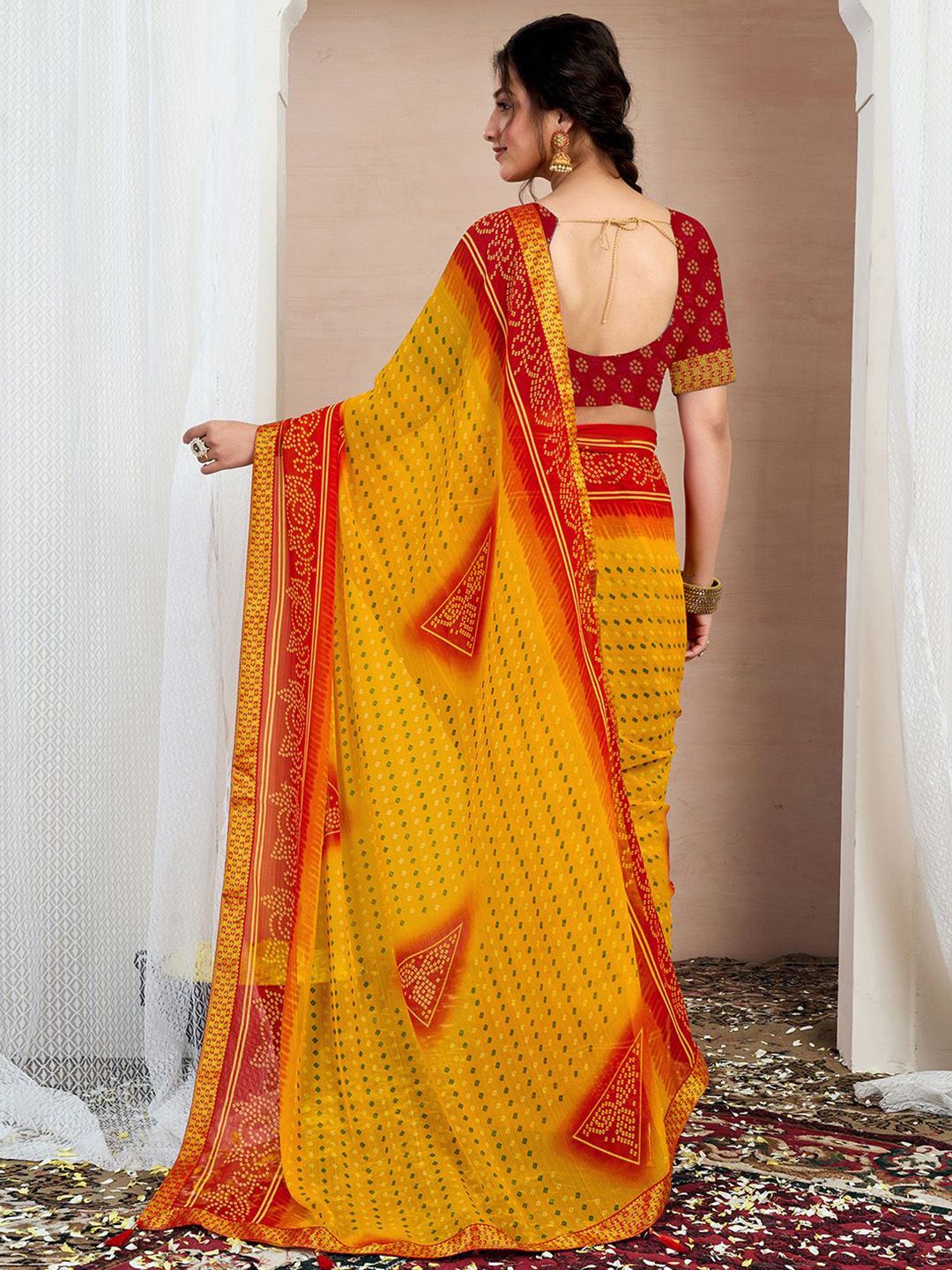 KALINI Bandhani Zari Pure Chiffon Bandhani Saree