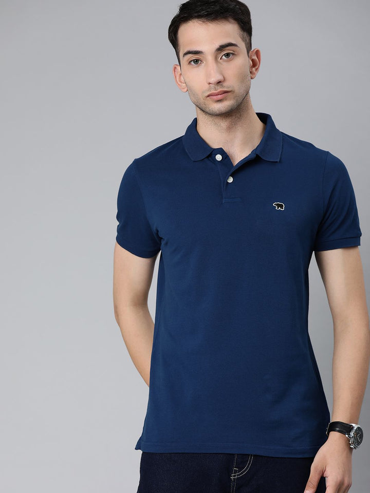 THE BEAR HOUSE Men Blue Solid Polo Collar Pure Cotton T-shirt