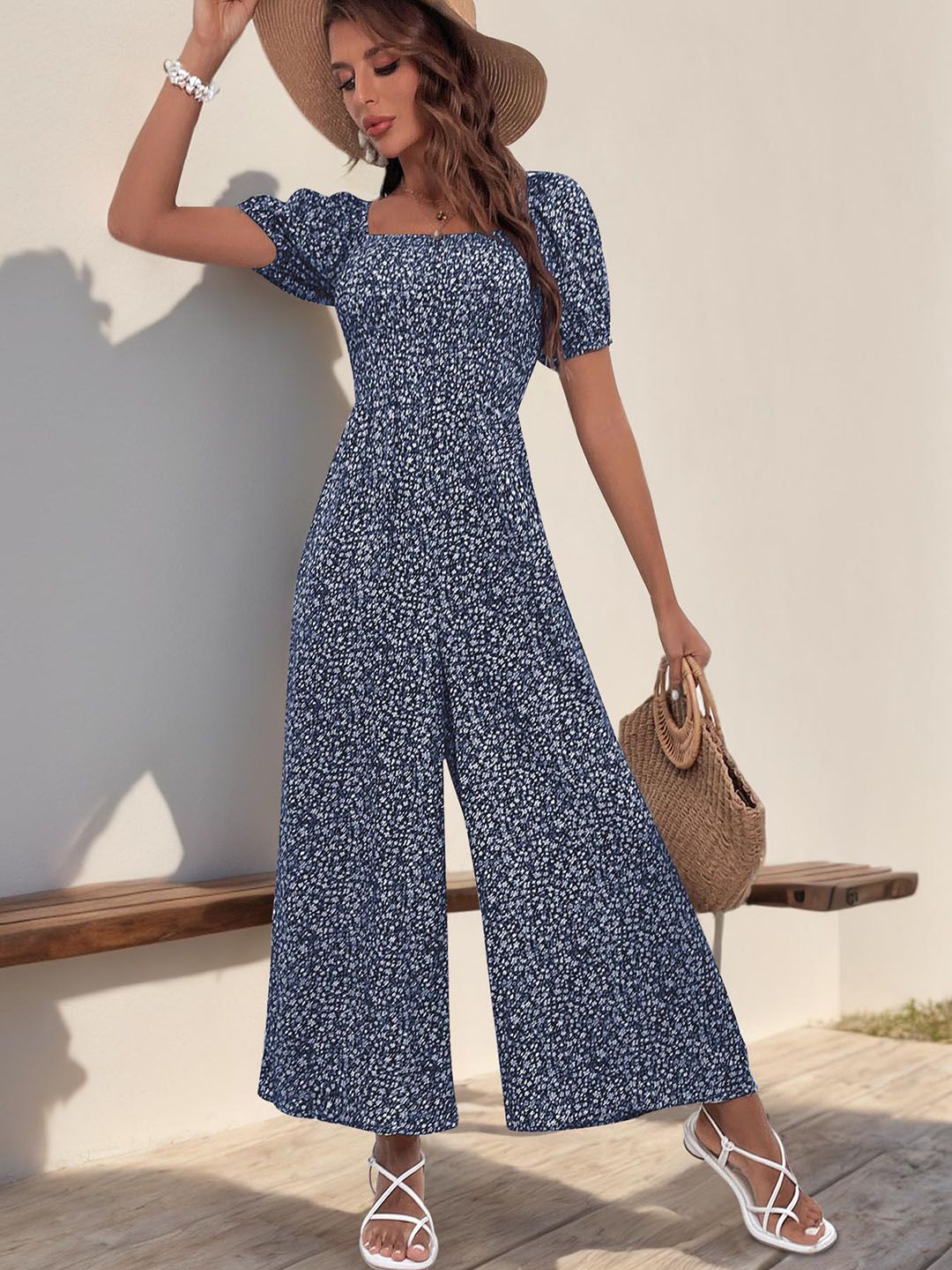DressBerry Smocked Floral Printed Basic Jumpsuit
