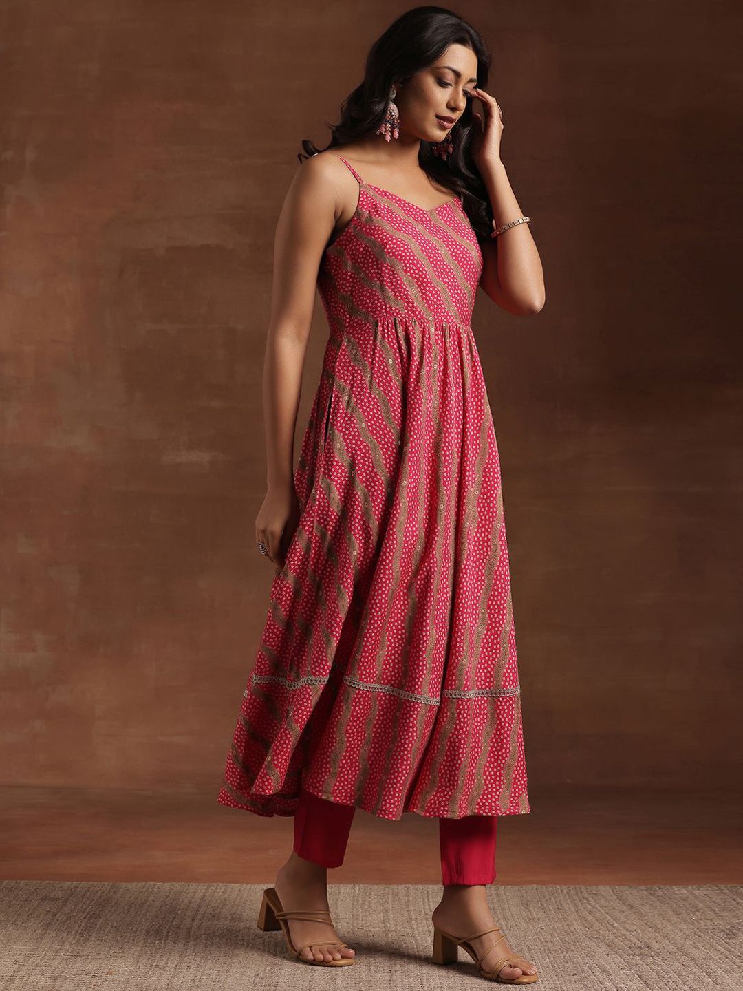 Libas Bandhani Printed Pleated Shoulder Straps Anarkali Kurta With Trouser & Dupatta