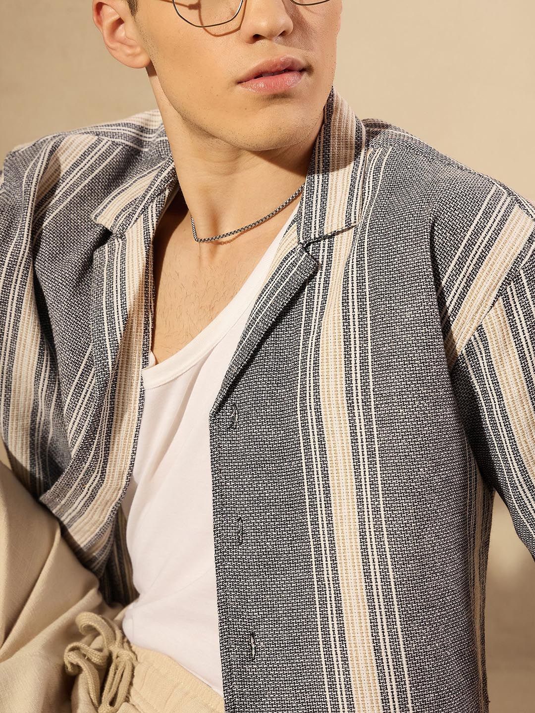 DENNISON Men Aspect Striped Oversized Cotton Shirt