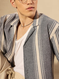 DENNISON Men Aspect Striped Oversized Cotton Shirt