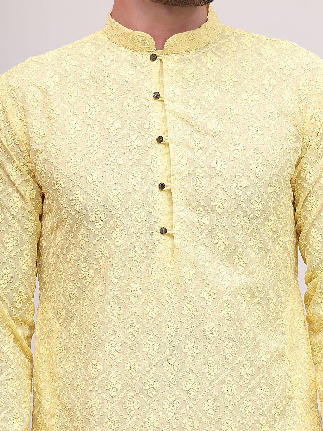 Jompers Floral Embroidered Mandarin Collar Chikankari Pure Cotton Straight Kurta