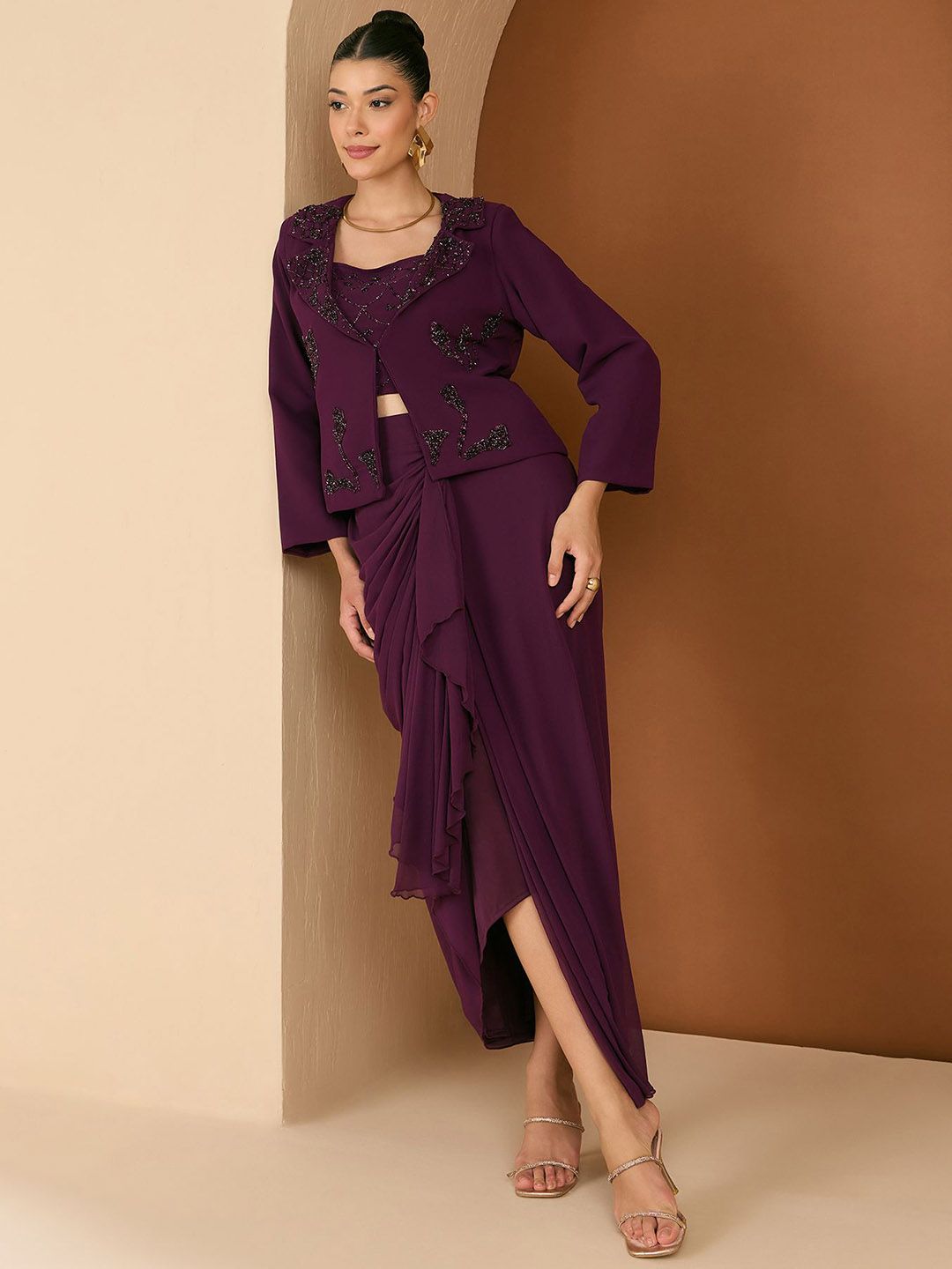 Antheaa Embellished Square Neck Top And Jacket With Skirt And Jacket