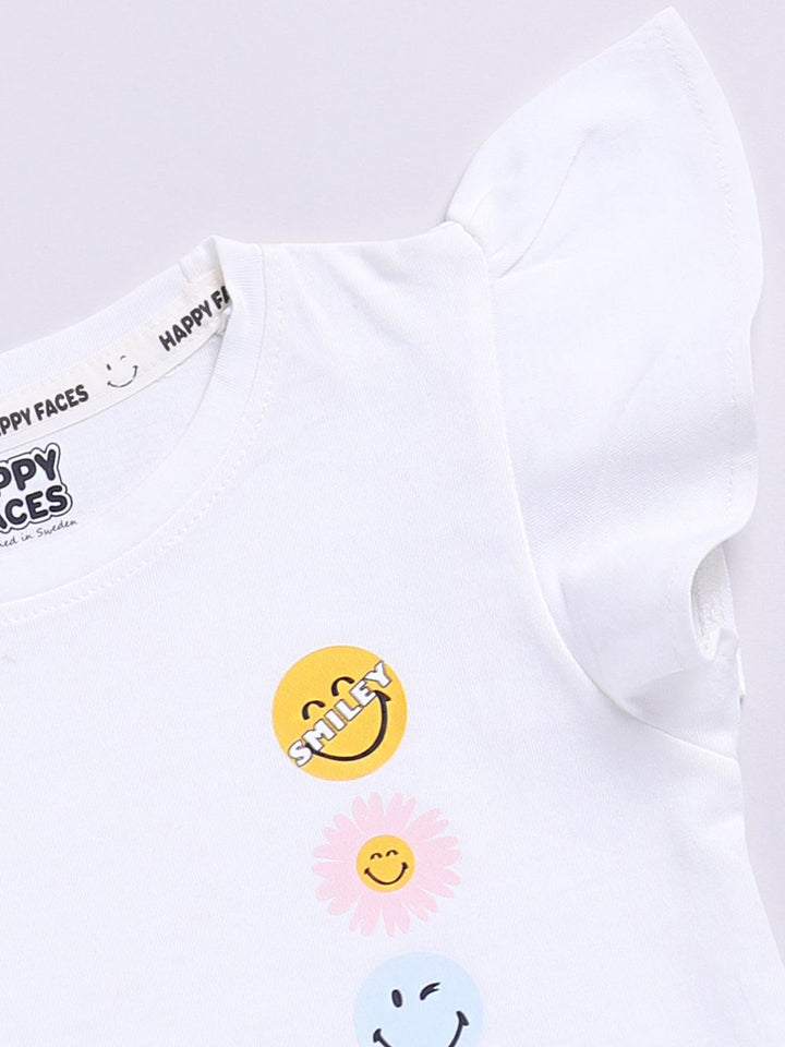 Happy Faces Kids Girls Printed Flutter Sleeve Pure Cotton Top
