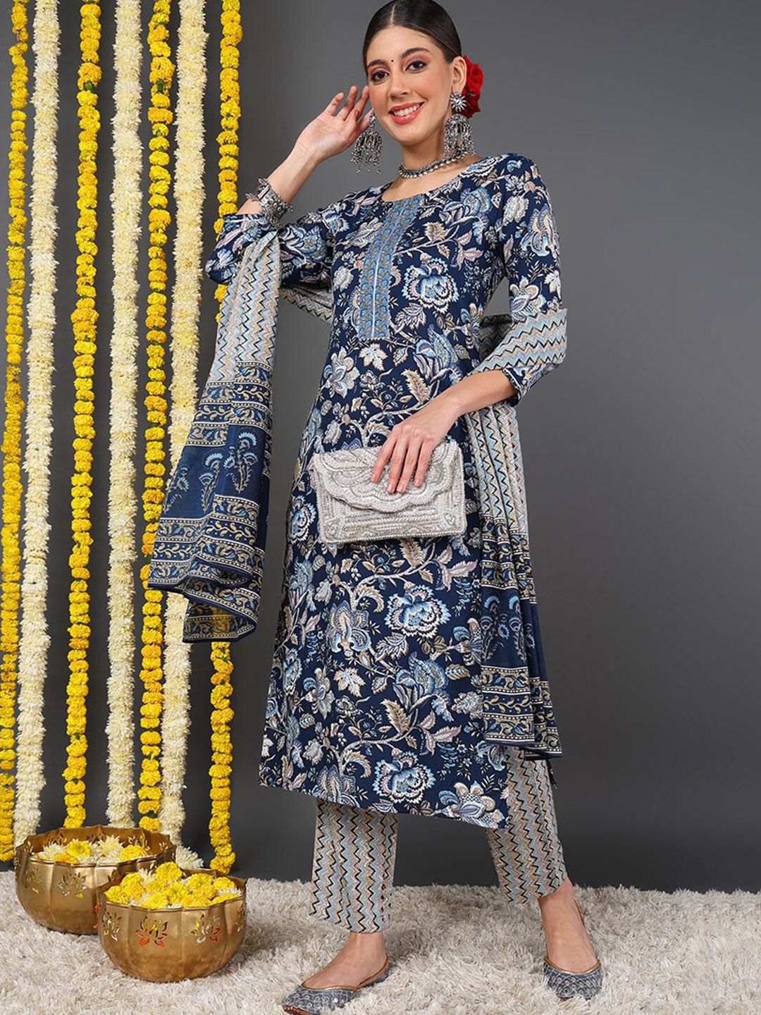 KALINI Floral Printed Gotta Patti Kurta With Trousers & Dupatta