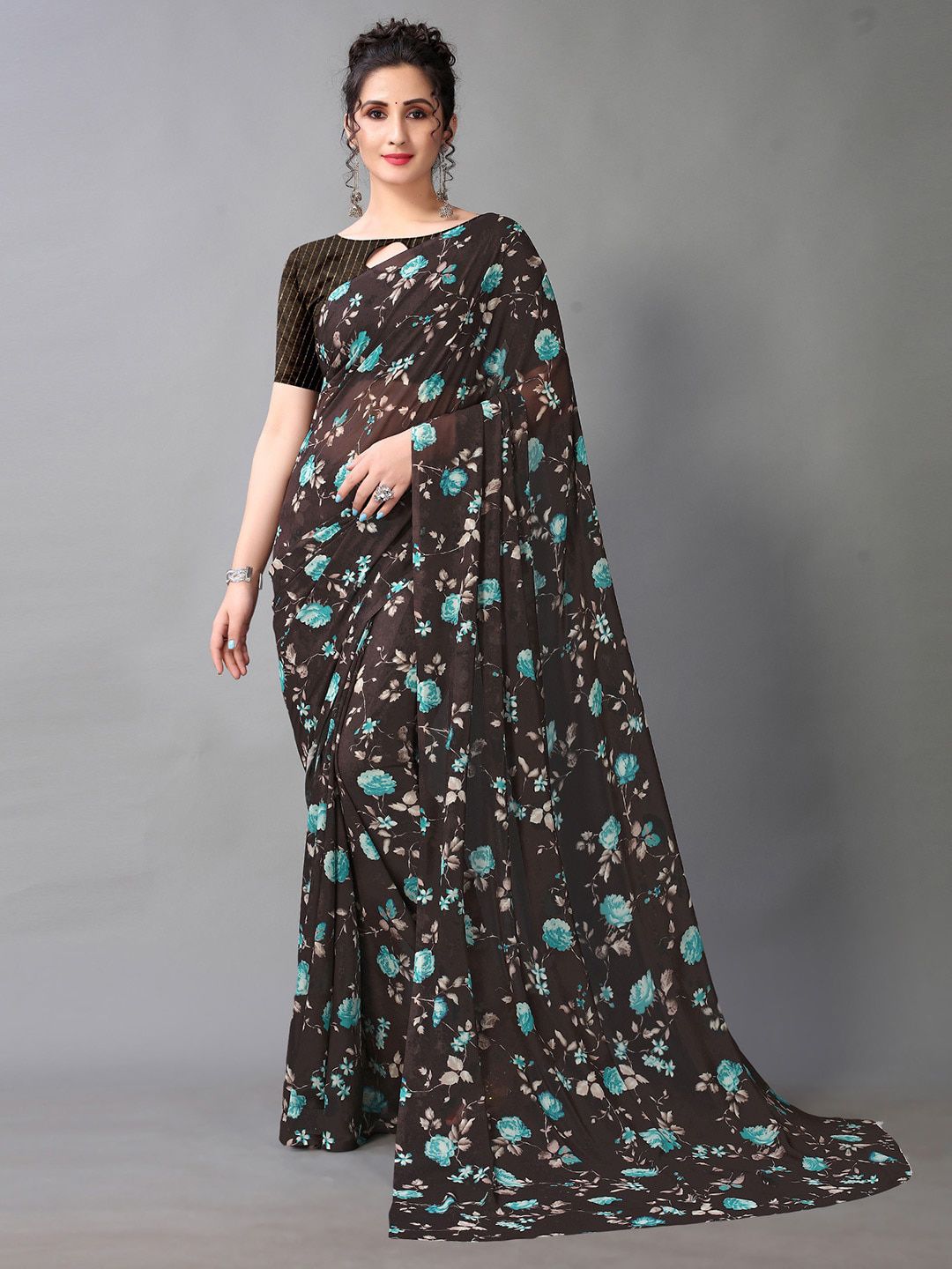 KALINI Floral Printed Poly Georgette Saree