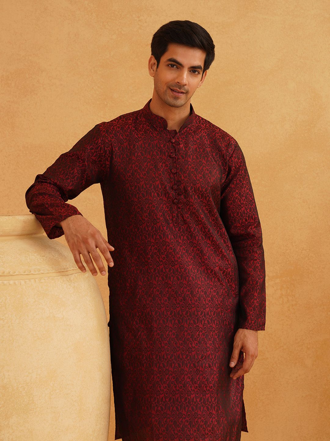 SOJANYA Men Maroon Printed Straight Kurta
