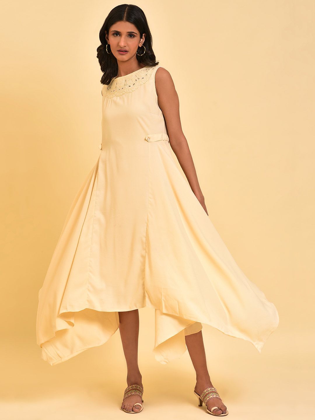 W Cream Lace Detailed Boat Neck A-Line Midi Dress