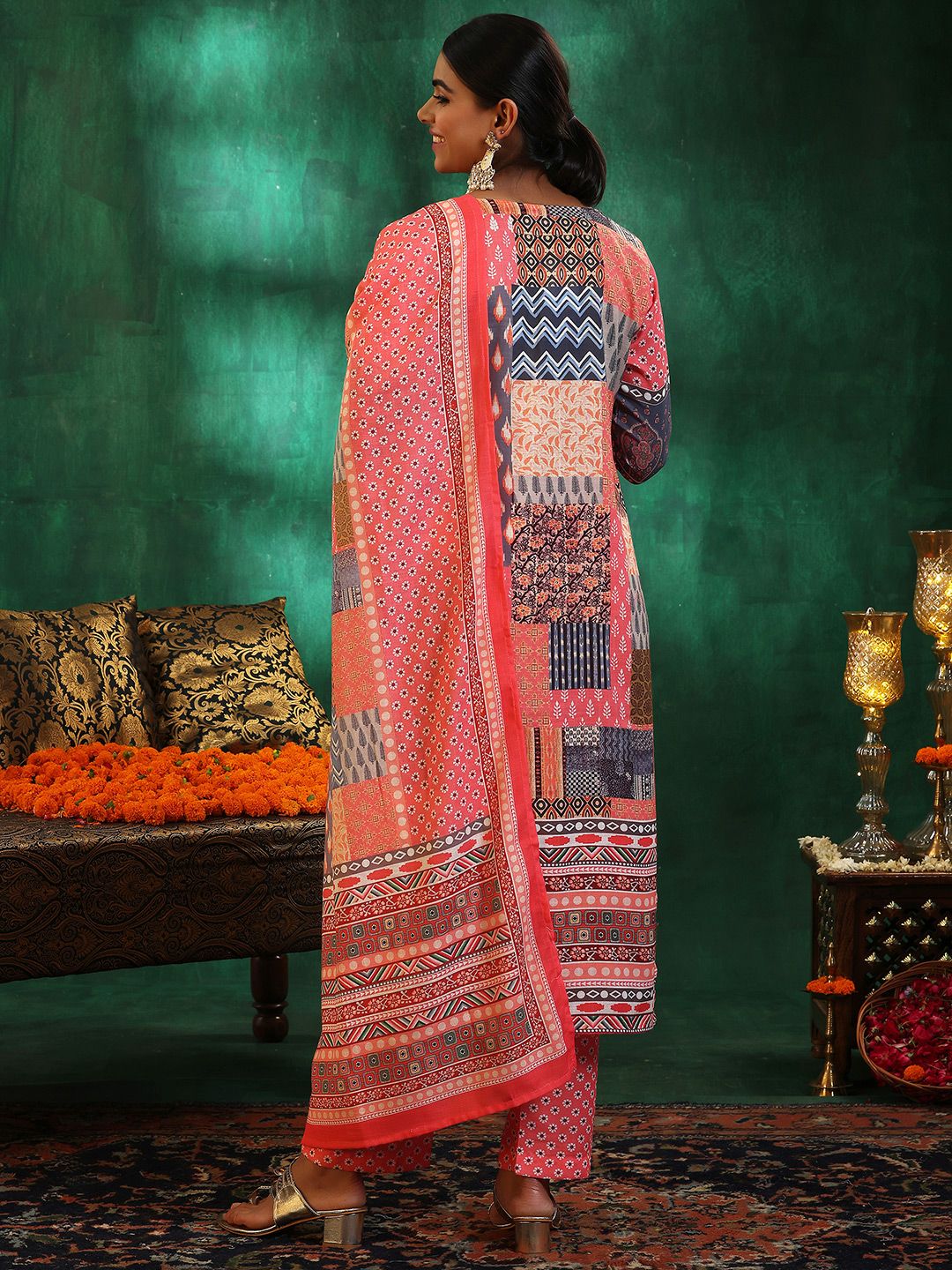 Libas Floral Printed Mirror Work Linen Kurta with Trousers & Dupatta