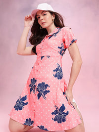 DressBerry Floral Print Notched Lapel Collar Shirt-Style Dress