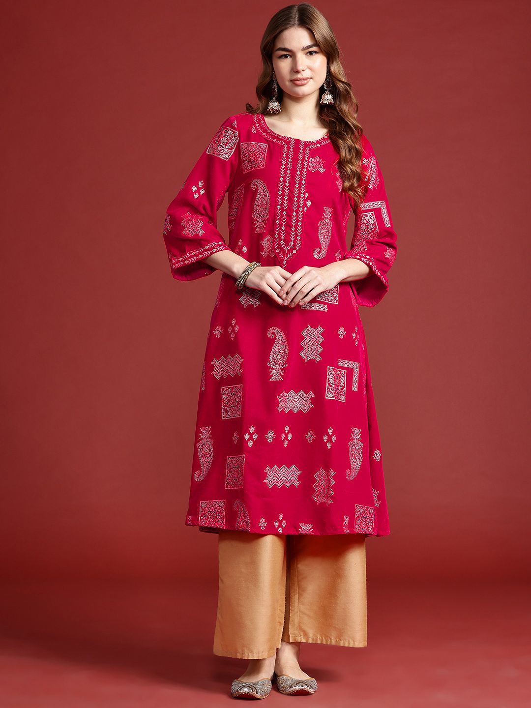 Anouk Women Tyohar Collection Ethnic Motifs Printed Thread Work Velvet Finish A-Line Kurta