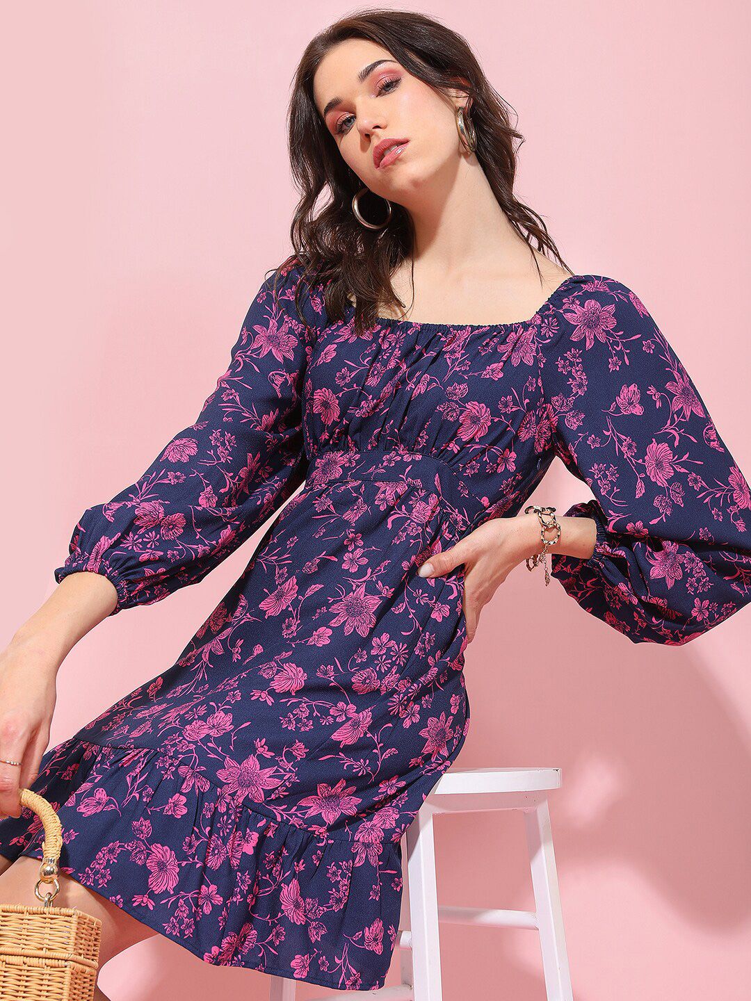 Tokyo Talkies Square Neck Floral Printed A-Line Dress