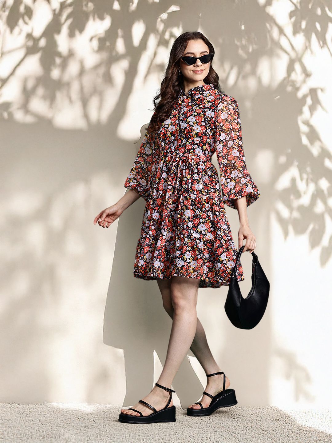 DressBerry Floral Print Puff Sleeves Shirt Dress