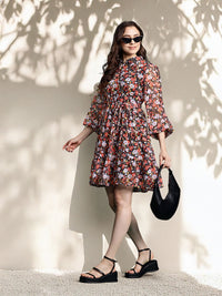 DressBerry Floral Print Puff Sleeves Shirt Dress