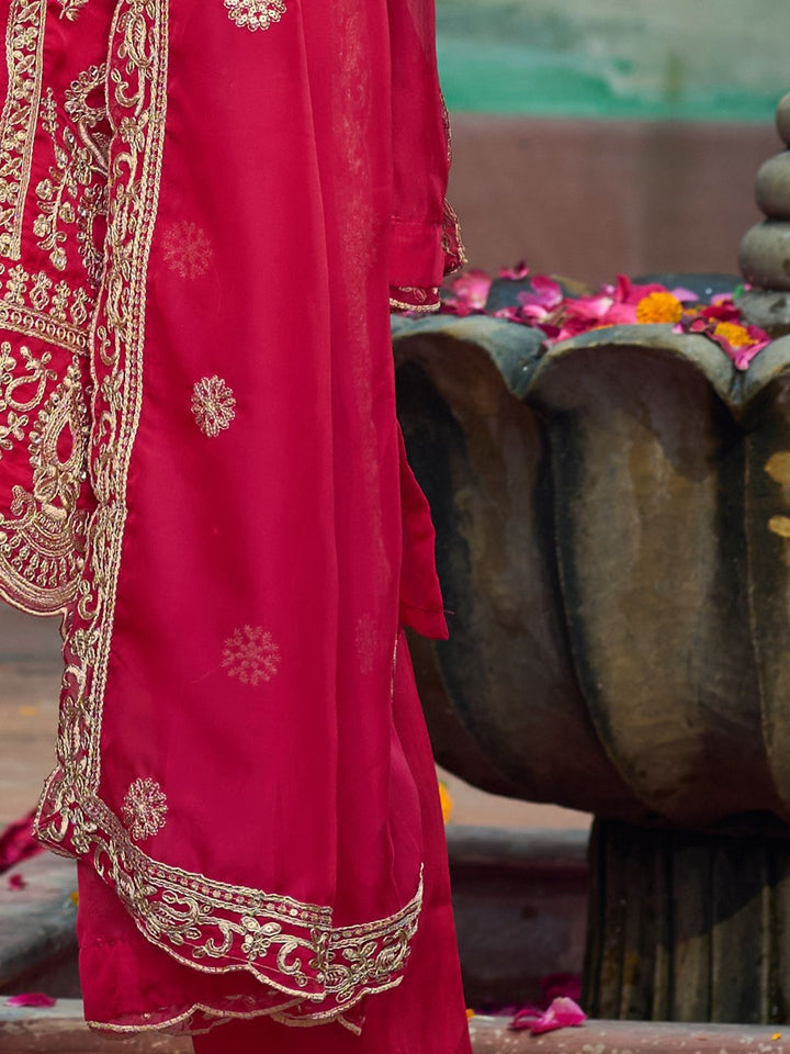 Indo Era Ethnic Motifs  Embroidered V-Neck Zari Organza Kurta With Trousers And Dupatta