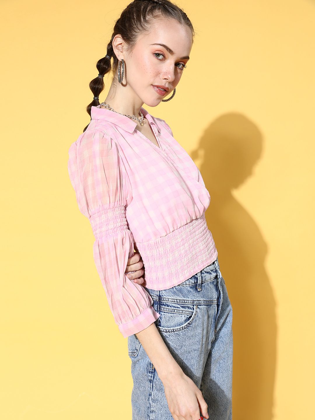 Antheaa Women Pretty Pink Checked Summer Gingham Top