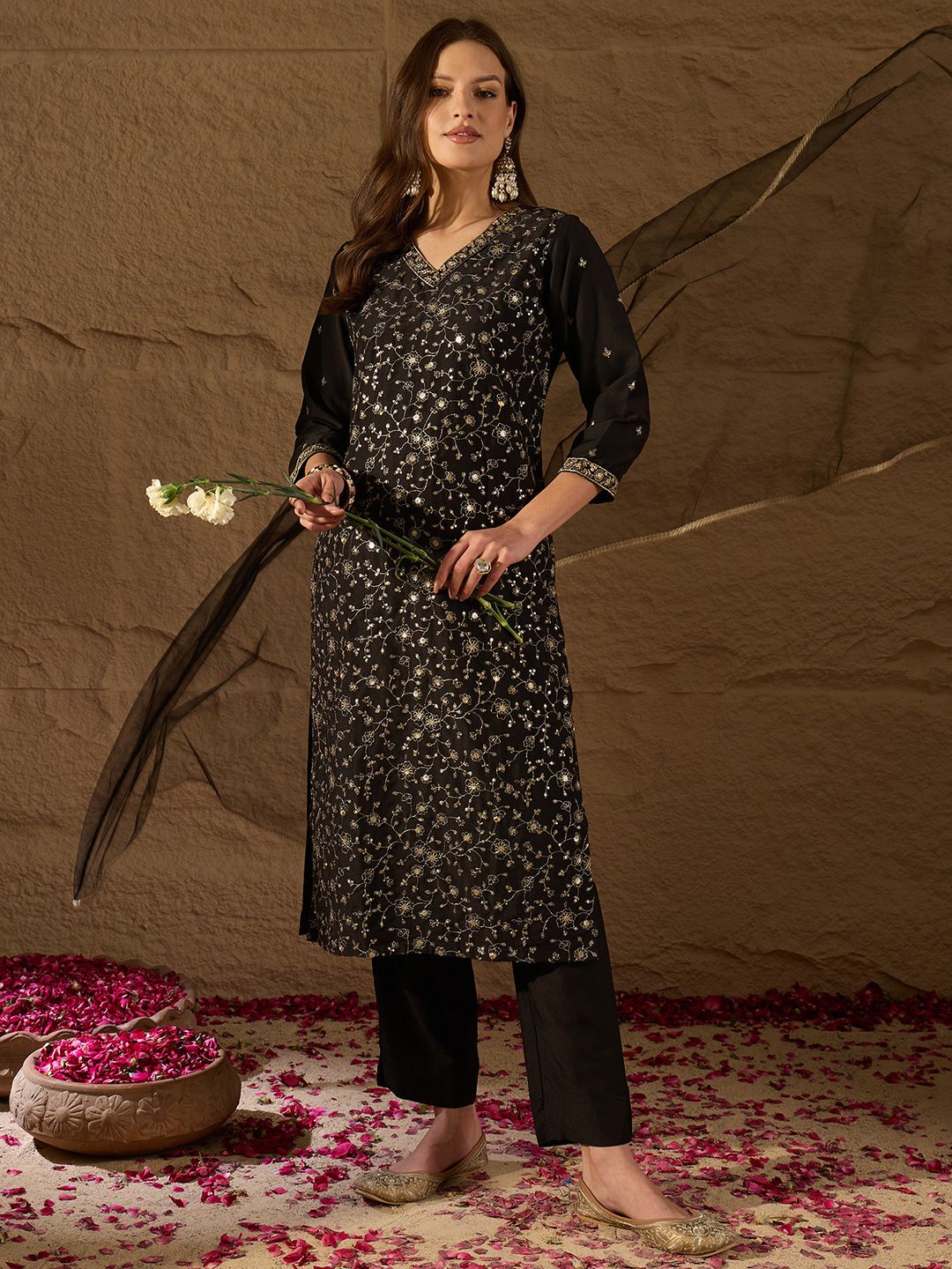 KALINI Floral Embroidered V-Neck Straight Kurta With Trousers & Dupatta