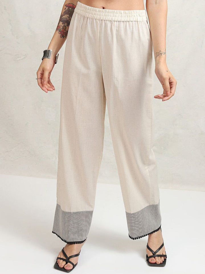 Vishudh Beige Floral Yoke Design Thread Work Regular Pure Cotton Kurta with Trouser