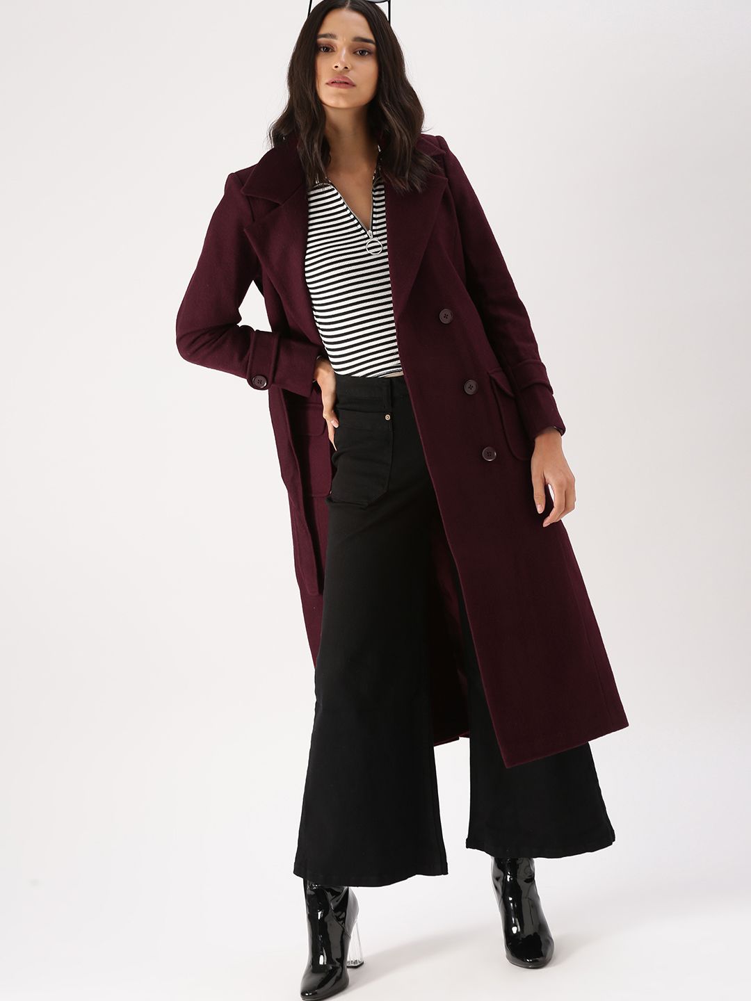 DressBerry Women Wine Red Trench Coat