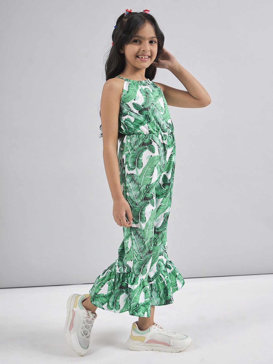 pspeaches Girls Halter Neck Printed Silk Basic Jumpsuit