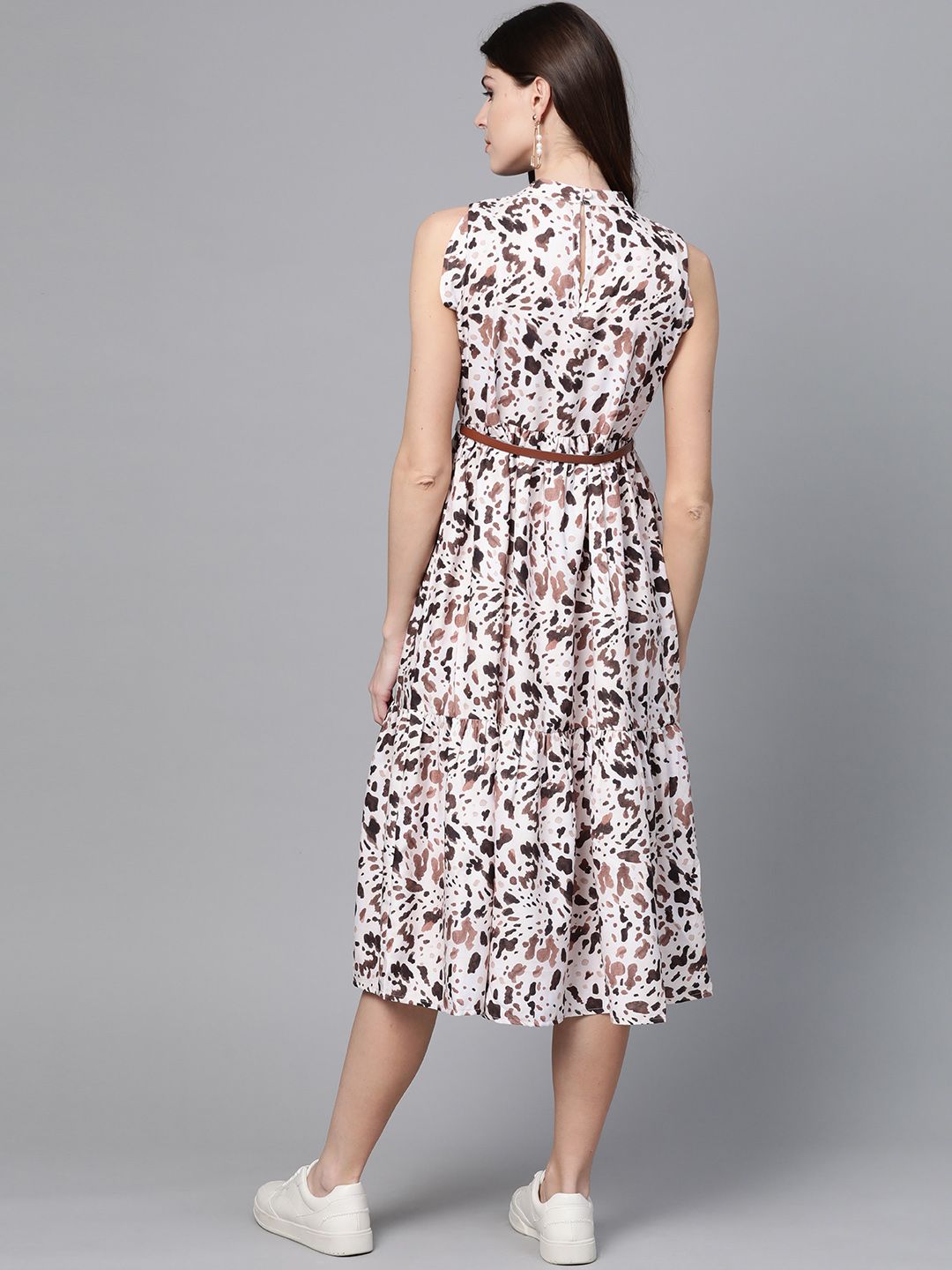 SASSAFRAS Off-White & Brown Leopard Printed A-Line Dress With Belt