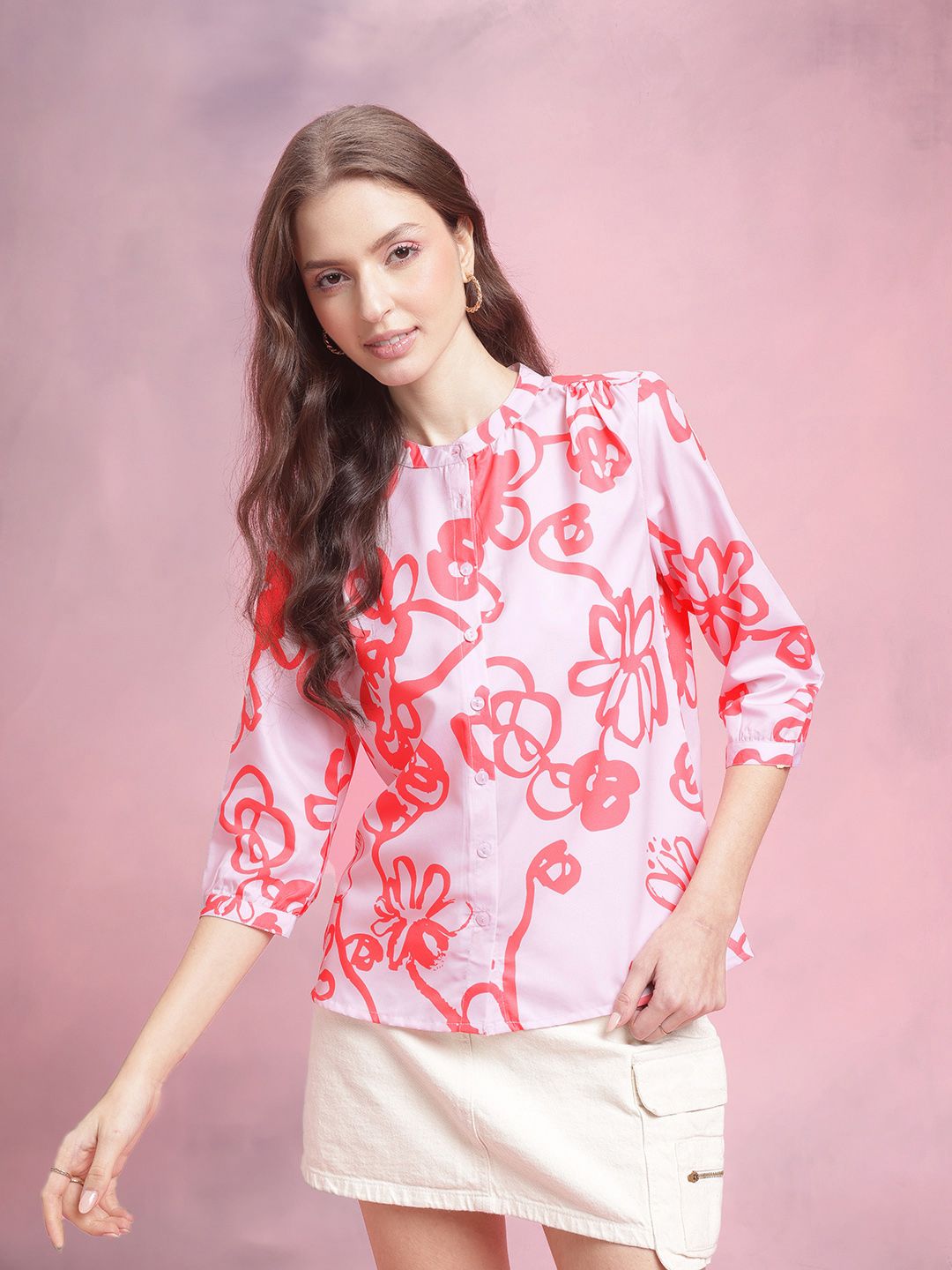 DressBerry Floral Print Band Collar Shirt Style Top
