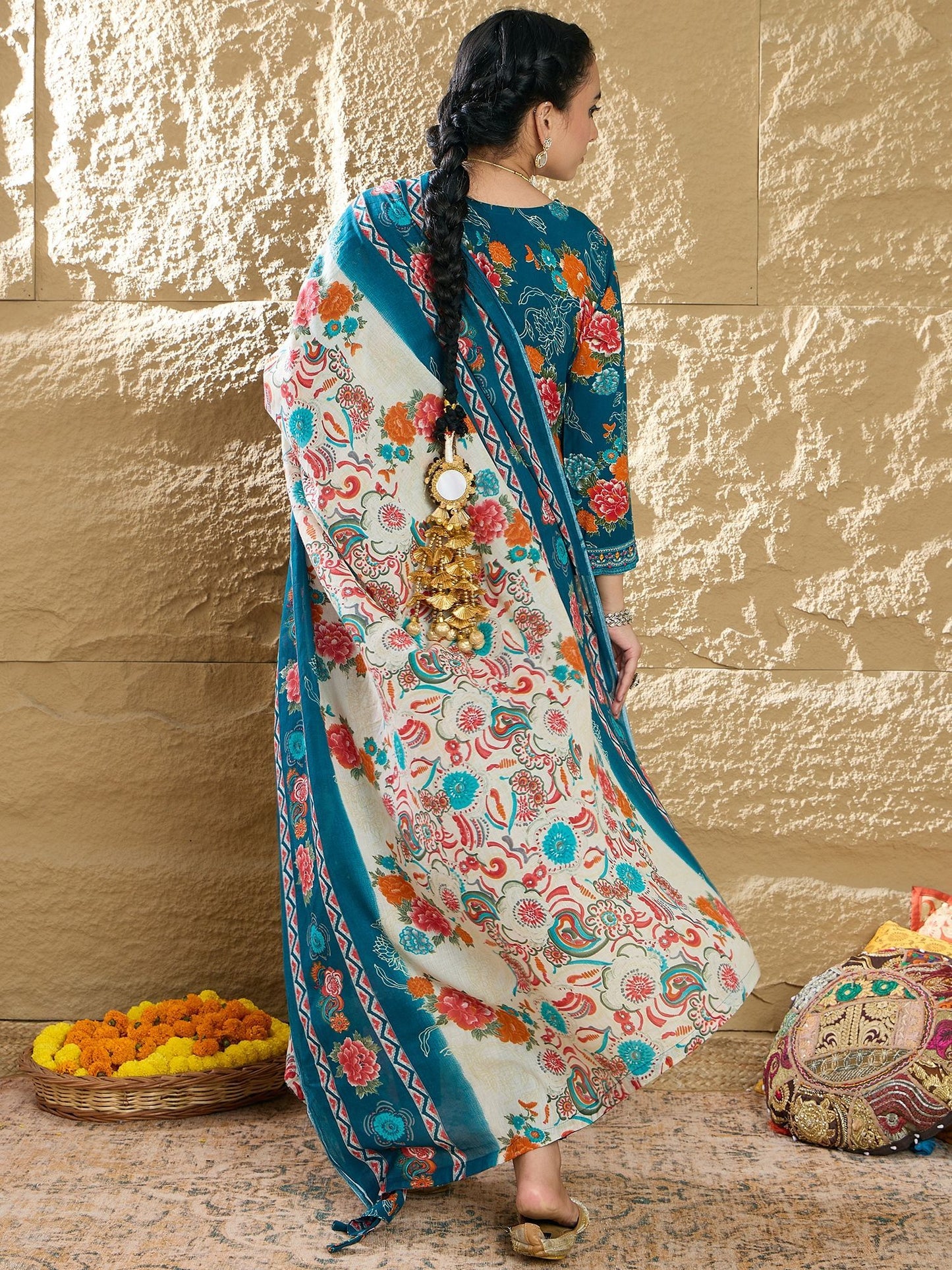 Indo Era Floral Printed Mirror Work V-Neck Straight Kurta With Trousers And Dupatta