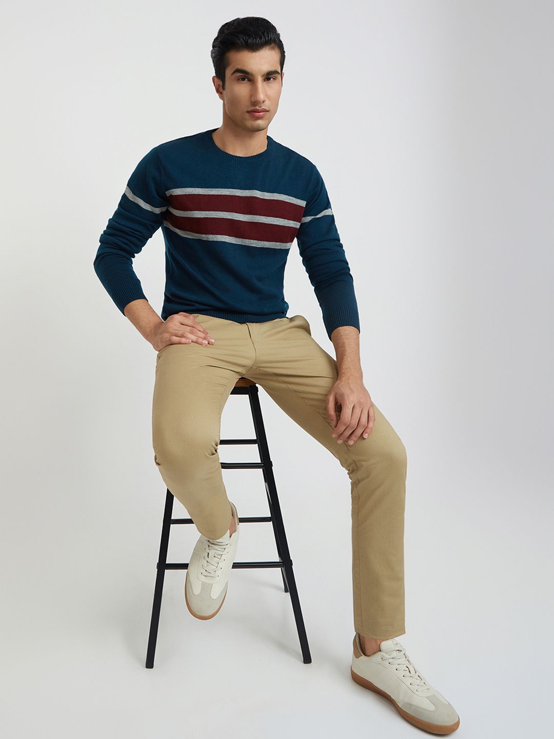 Raymond Men Teal Blue Striped Pullover