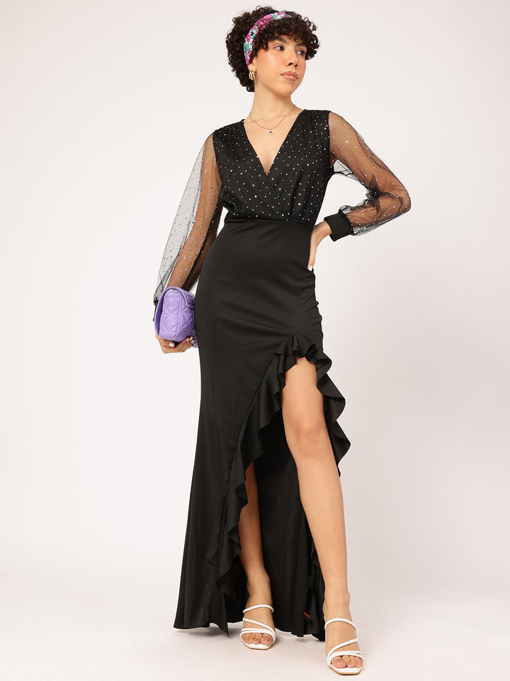 DressBerry Midnight Cleopatra High-Slit Ruffle Detail Maxi Dress