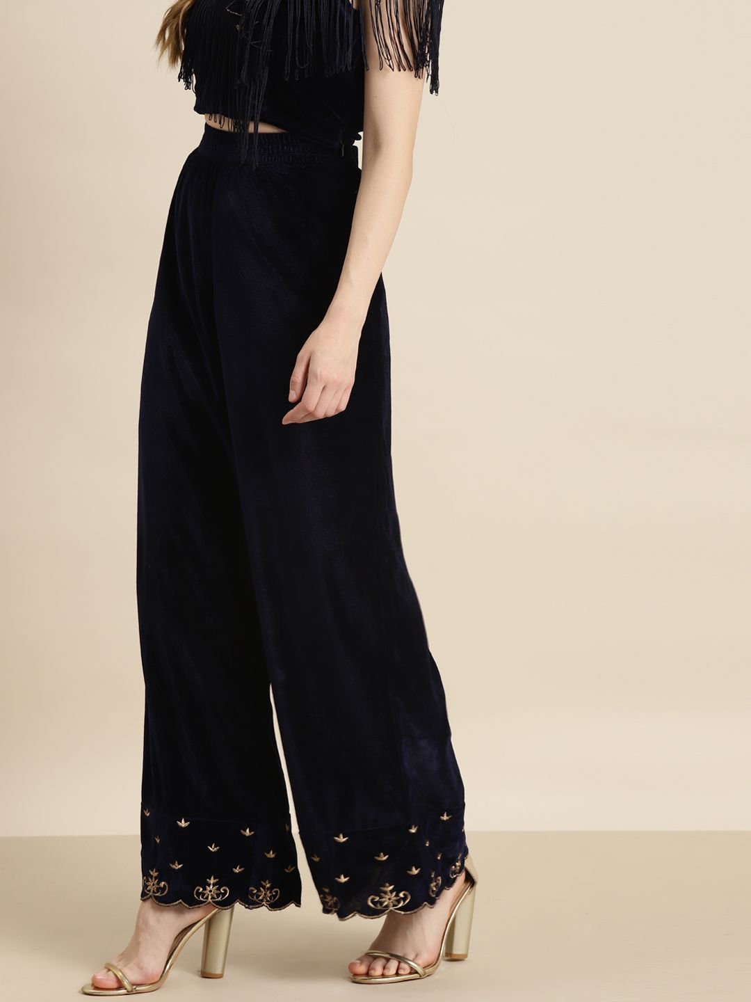 Shae by SASSAFRAS Women Navy Blue Embroidered Parallel Trousers