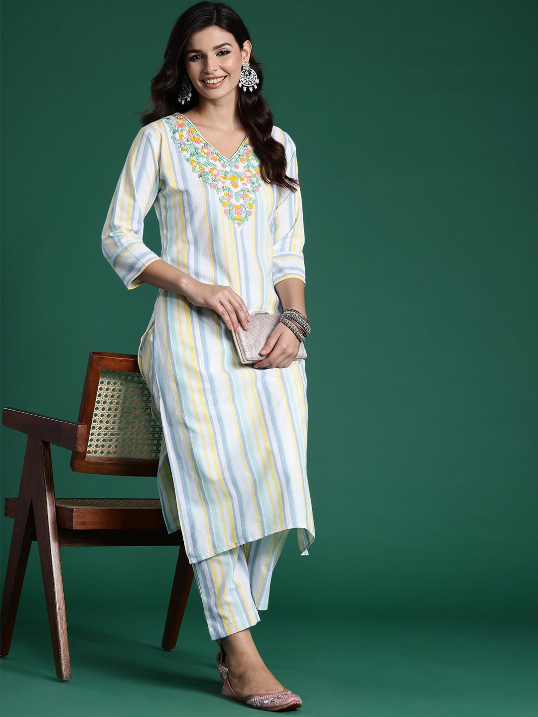 Indo Era Striped Thread Work Pure Cotton Kurta with Trousers