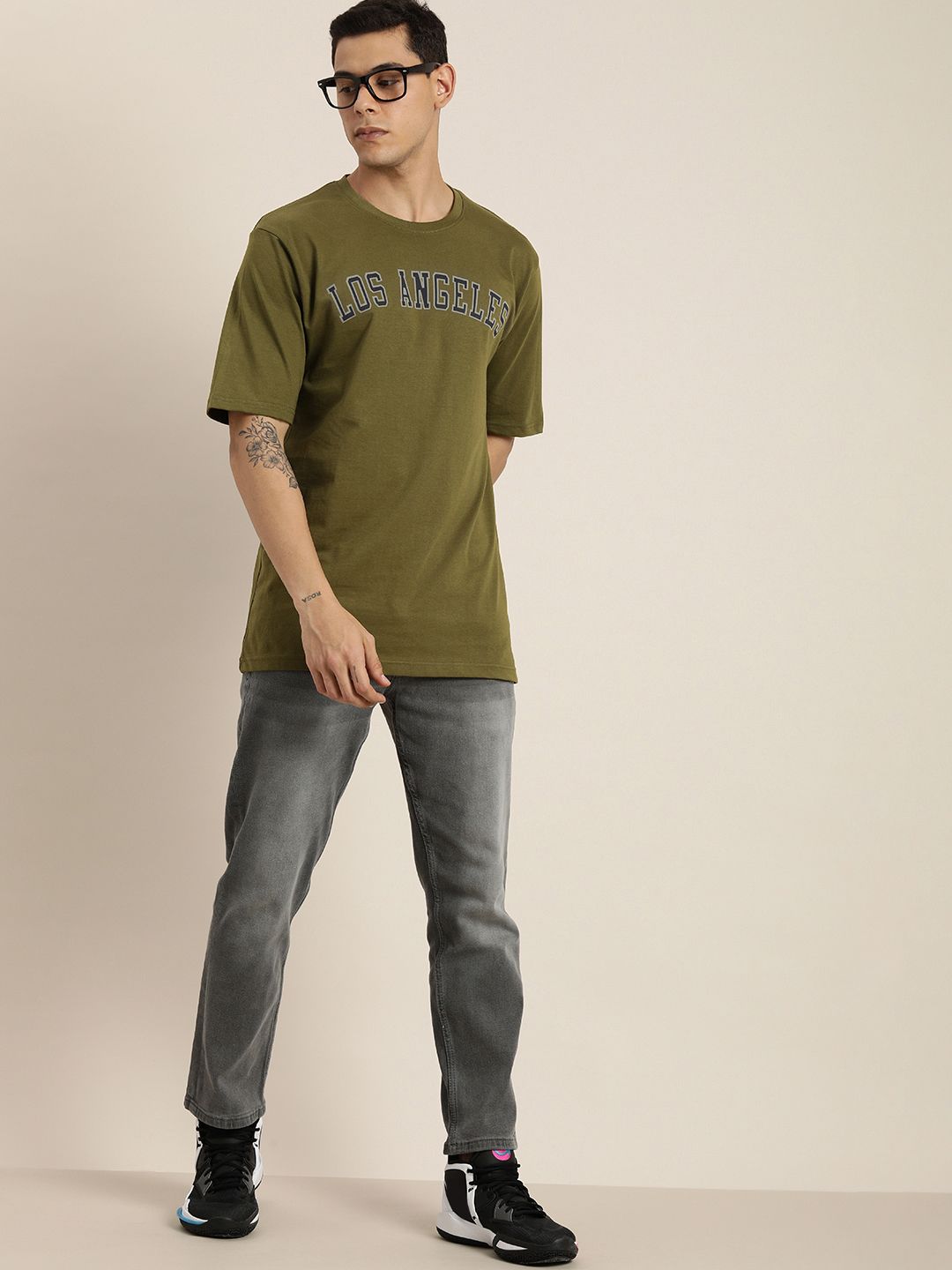 DILLINGER Men Olive Green Printed Pure Cotton Loose Oversized T-shirt