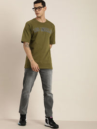 DILLINGER Men Olive Green Printed Pure Cotton Loose Oversized T-shirt