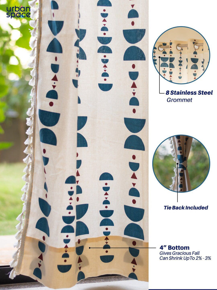 URBAN SPACE White & Blue Geometric Cotton Window Curtain