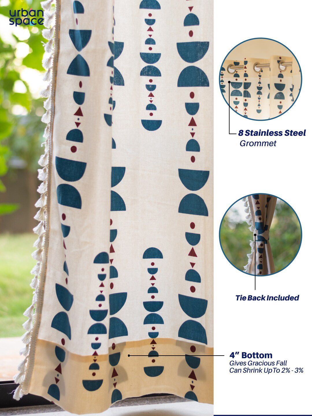 URBAN SPACE White & Blue Geometric Cotton Window Curtain