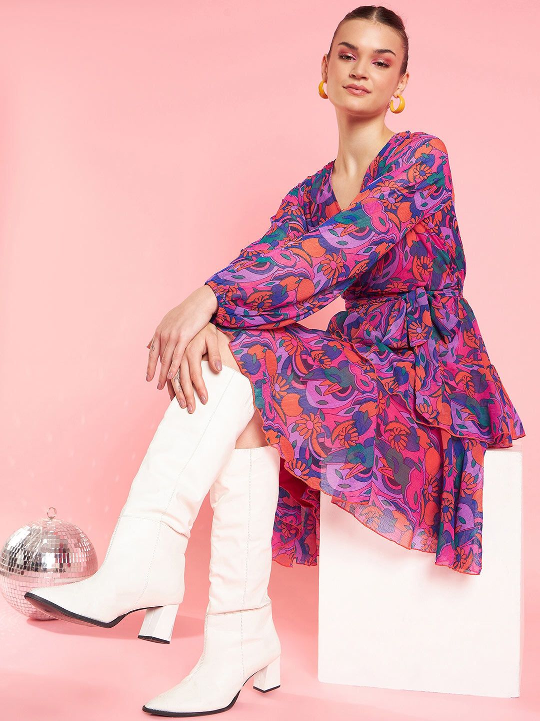 Antheaa Pink Floral Printed V-Neck Bishop Sleeves Layered Fit & Flare Party Dress