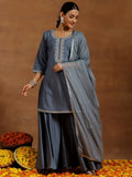 Libas Floral Yoke Design Sequinned Straight Kurta With Palazzos &  Dupatta