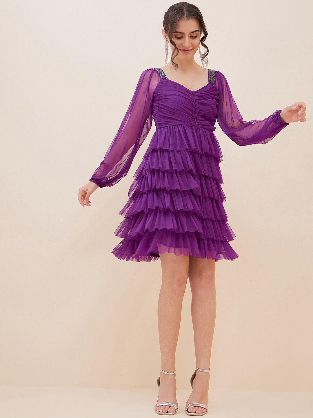 Antheaa Puff Sleeve Layered Net Fit & Flare Dress