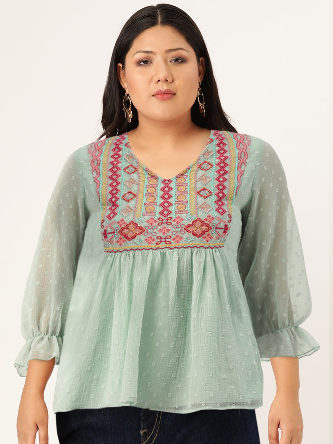 Antheaa Sea Green & Pink Yoke Embroidered Dobby Weave A-Line Top