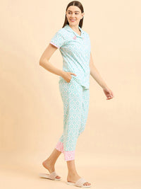 Sweet Dreams Geometric Printed Lapel Collar Night suit