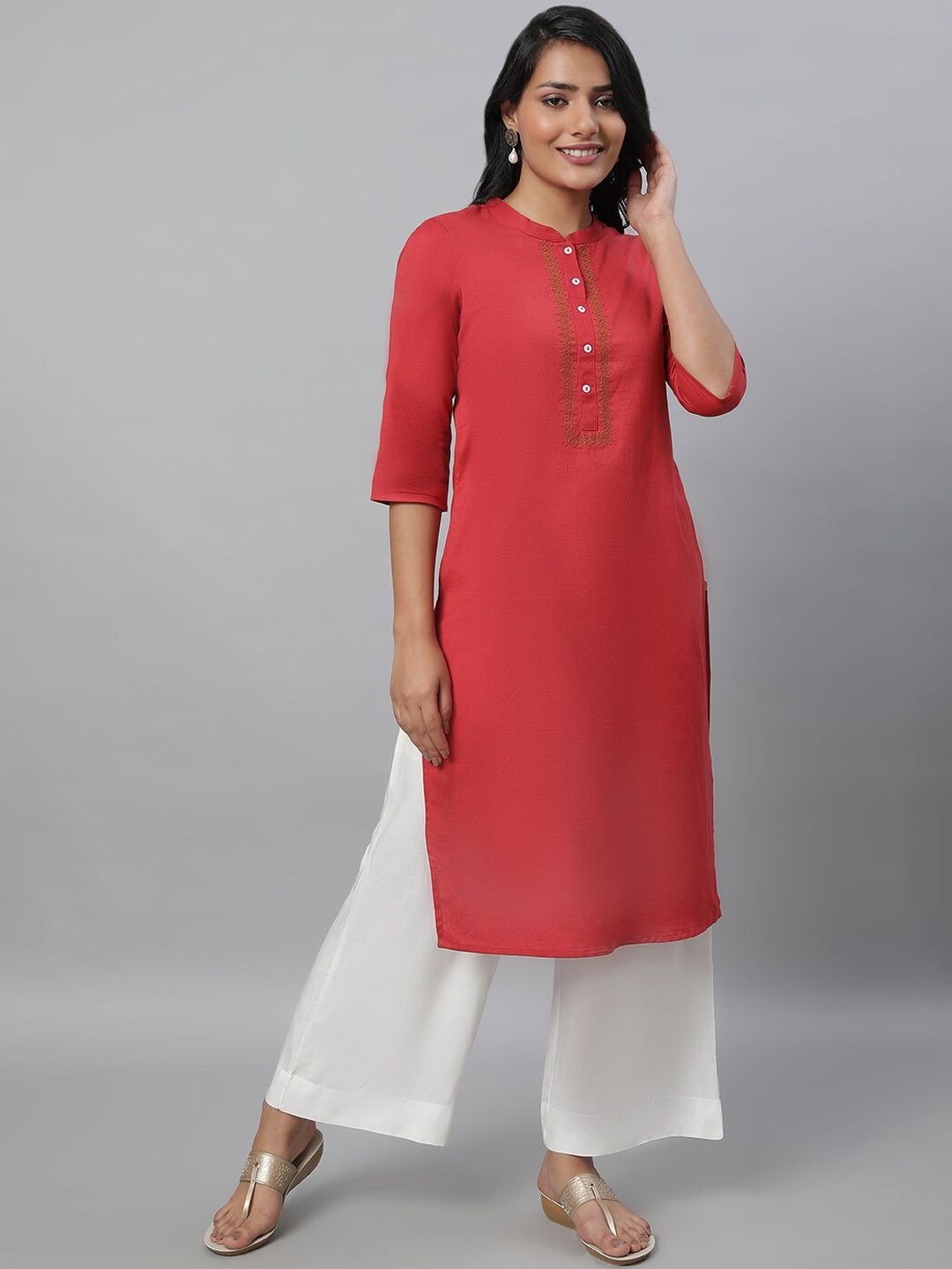 AURELIA Mandarin Collar Thread Work Straight Kurta