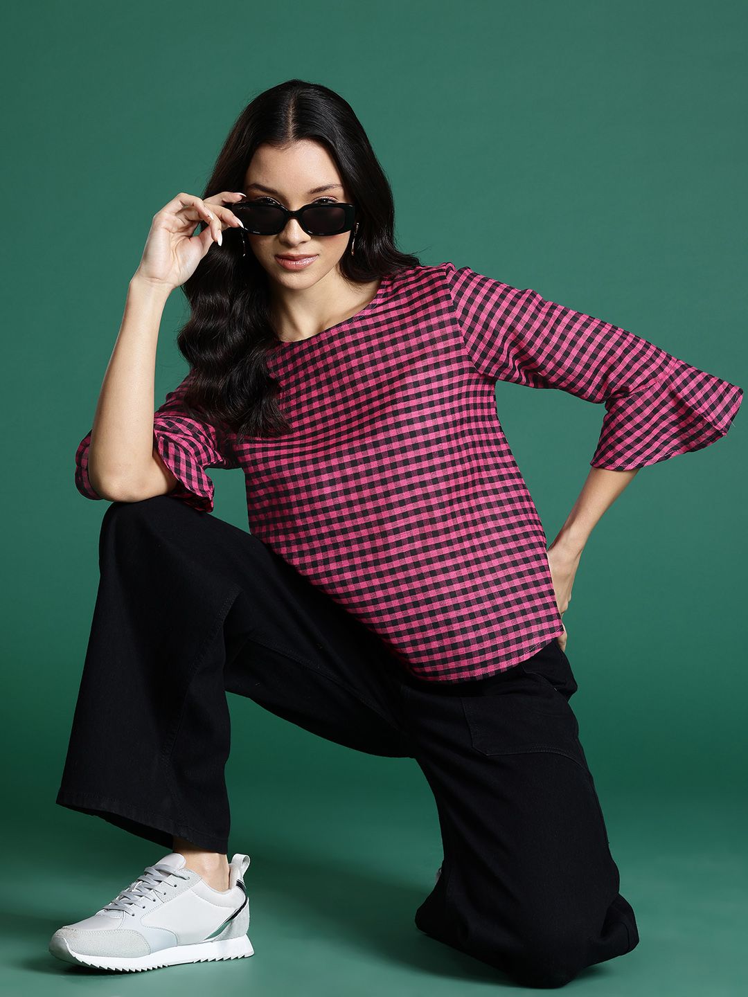 DressBerry Checked Bell Sleeves Top