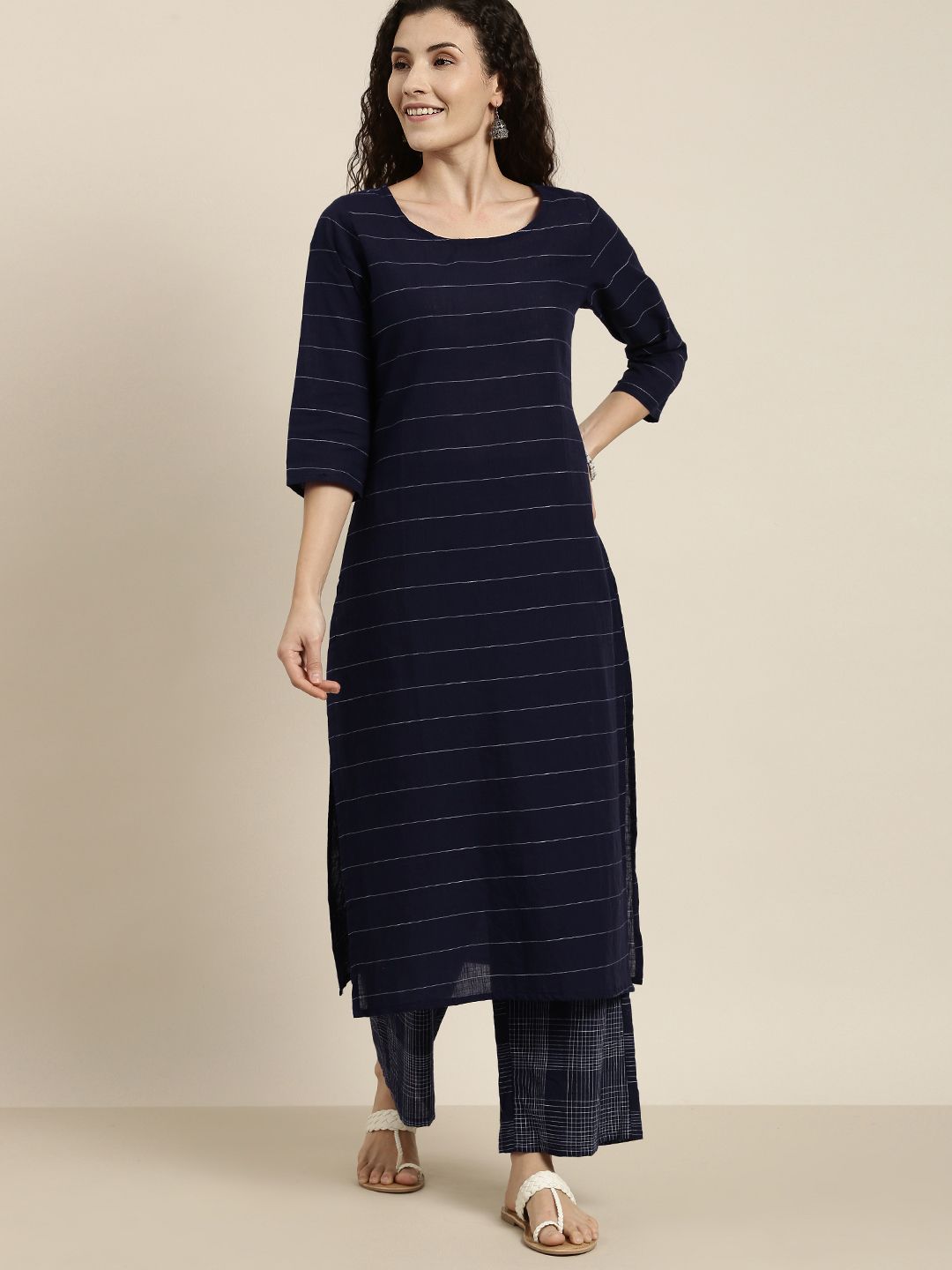 Vishudh Women Navy Blue Striped Kurta with Palazzo