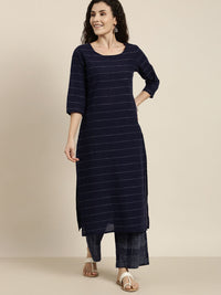 Vishudh Women Navy Blue Striped Kurta with Palazzo
