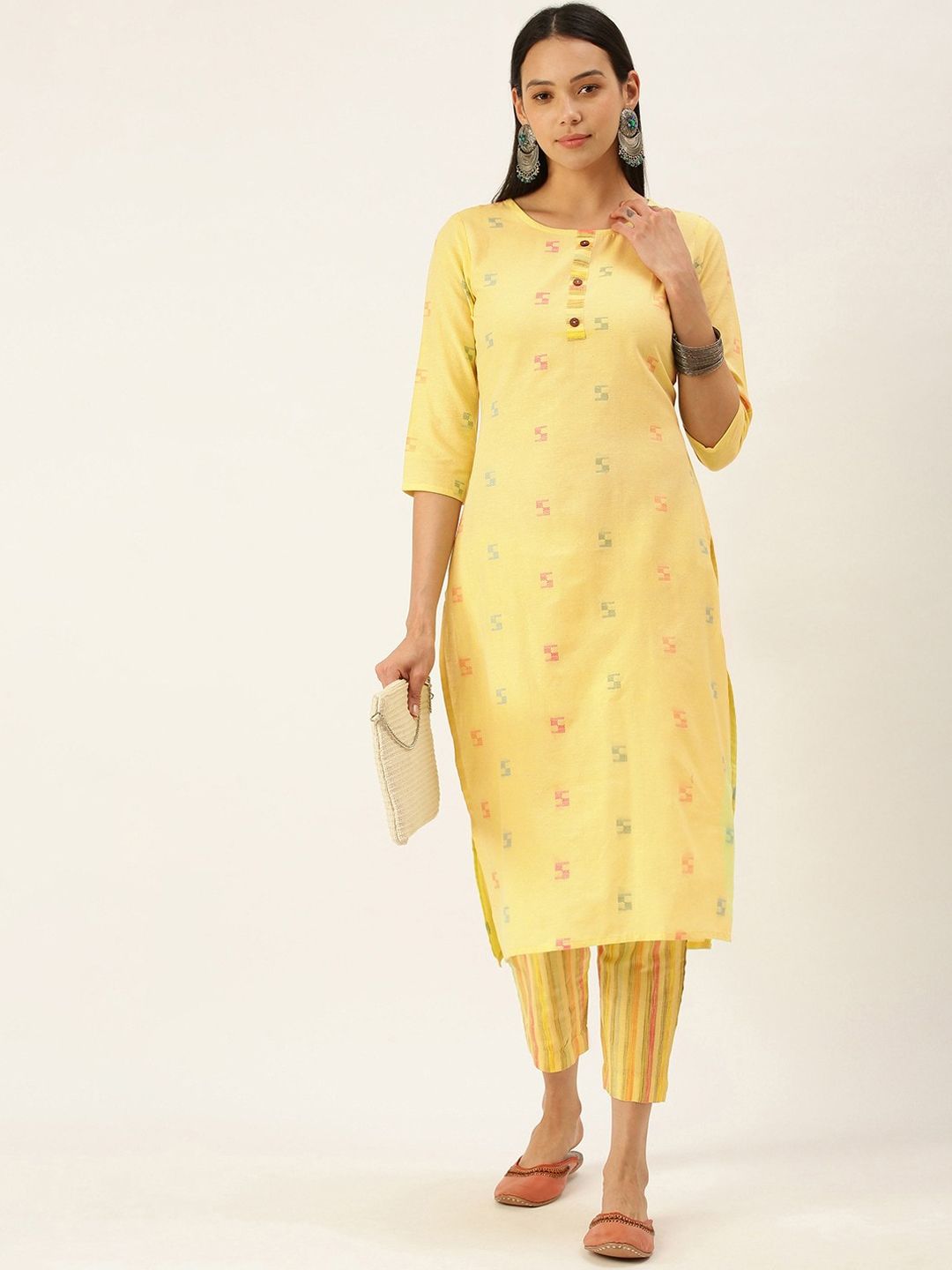 KALINI Geometric Woven Design Regular Kurta With Trousers