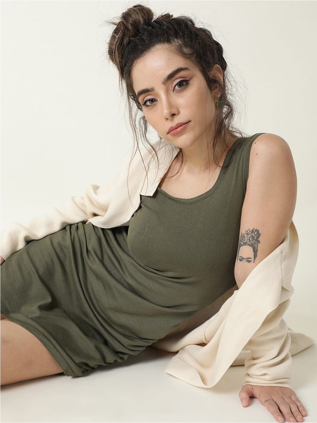 RAREISM Olive Green Ruched Bodycon Dress