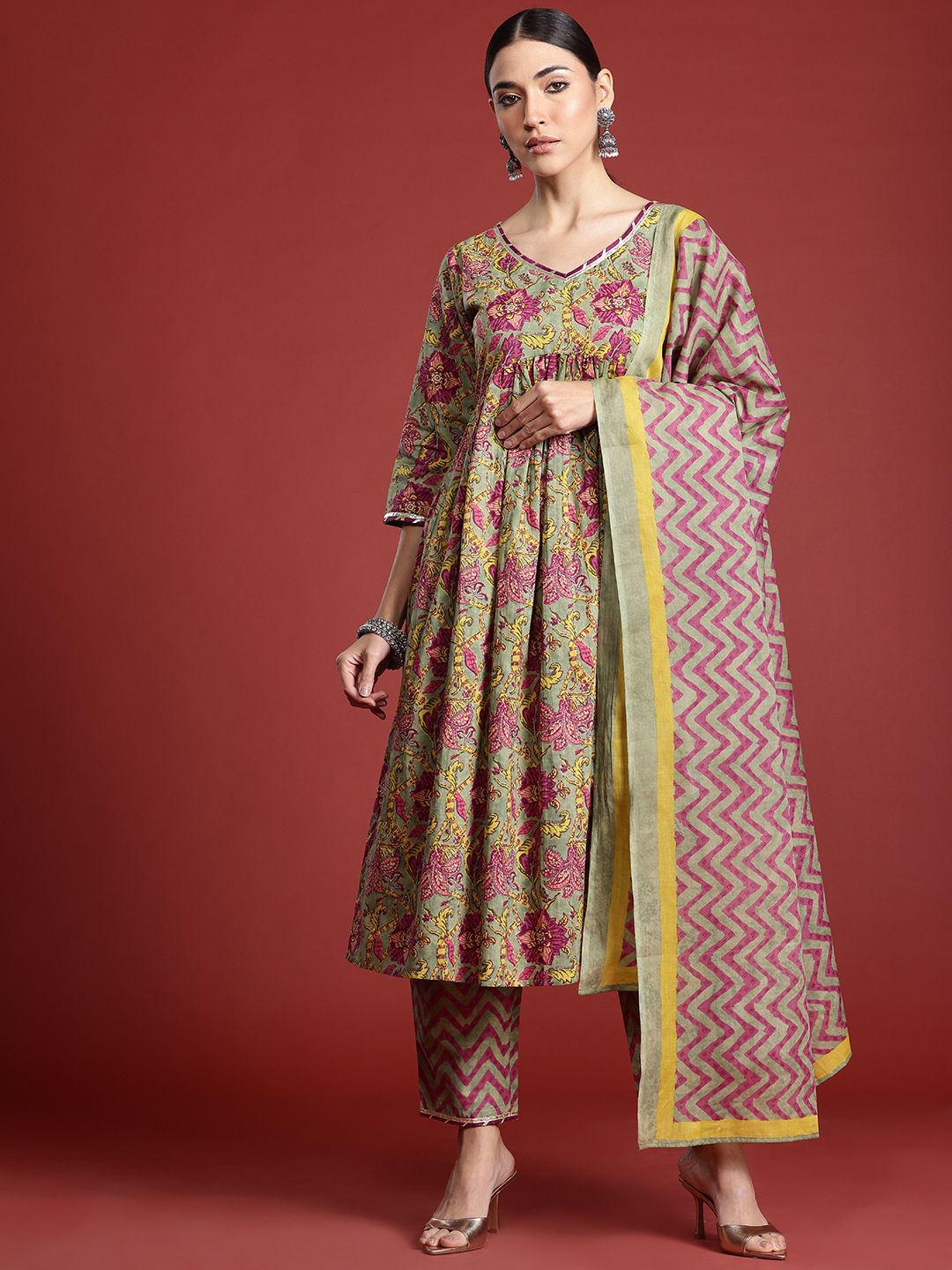 Indo Era Floral Printed Pleated Pure Cotton Kurta with Trousers & With Dupatta