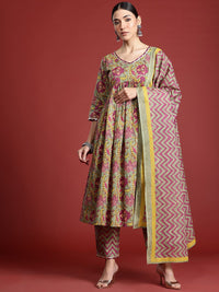 Indo Era Floral Printed Pleated Pure Cotton Kurta with Trousers & With Dupatta